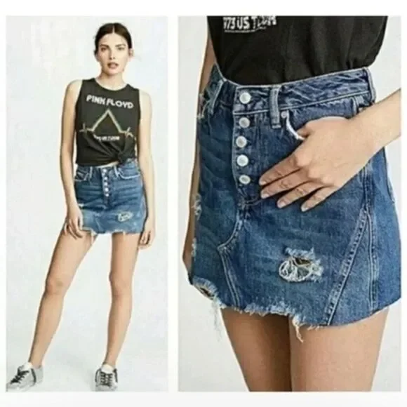 Free People We The Free Harvey
Distressed Blue Denim Jean Mini Skirt 26 - Picture 1 of 14